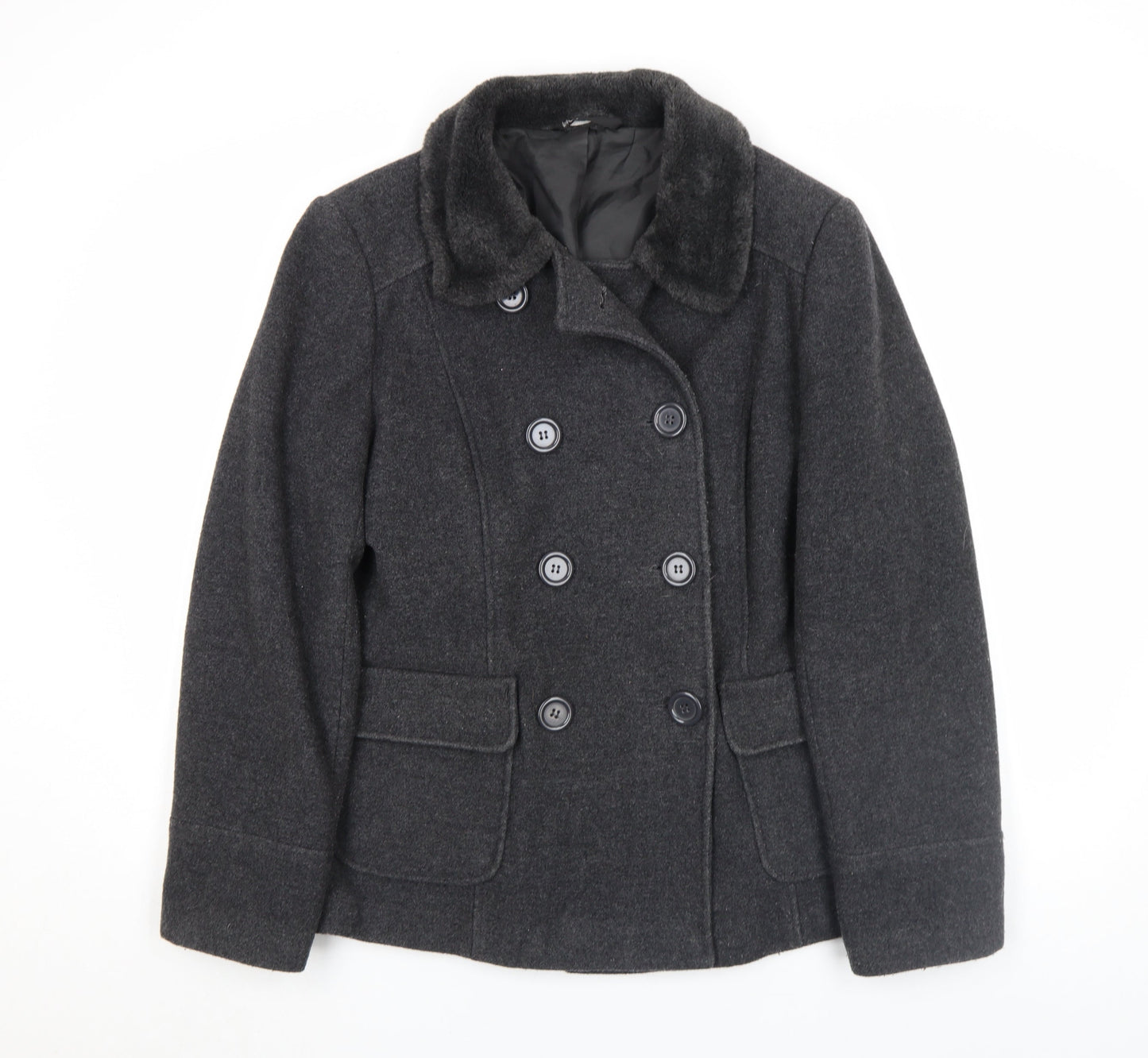 BHS Women’s Grey Wool Pea Coat Size 14 Fur Collar Classic Winter Jacket
