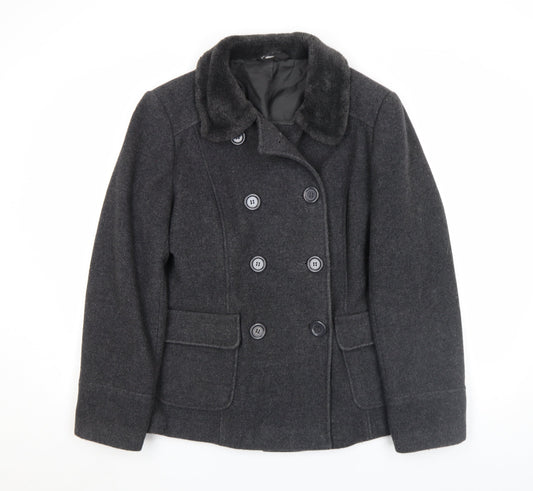 BHS Women’s Grey Wool Pea Coat Size 14 Fur Collar Classic Winter Jacket