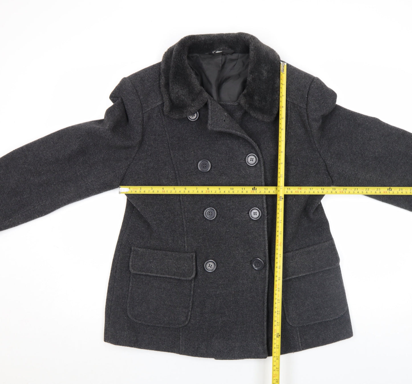 BHS Women’s Grey Wool Pea Coat Size 14 Fur Collar Classic Winter Jacket