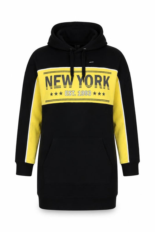 H&M Divided Women Black Yellow New York Hoodie Sweatshirt Dress Size 10