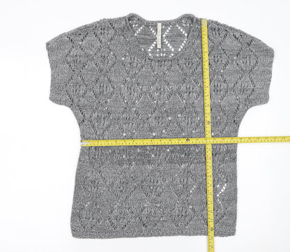 Leo & Nicole Women’s Grey Open-Knit Short Sleeve Pullover Jumper Size S