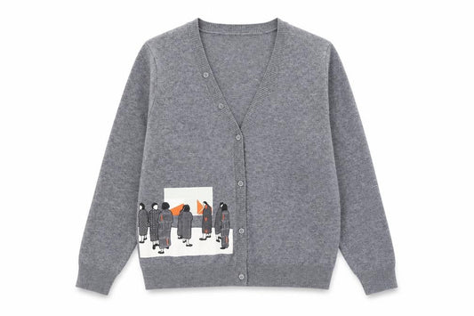 GMXY Girls Grey Cardigan Medium Knit V-Neck Graphic Buttoned Jumper