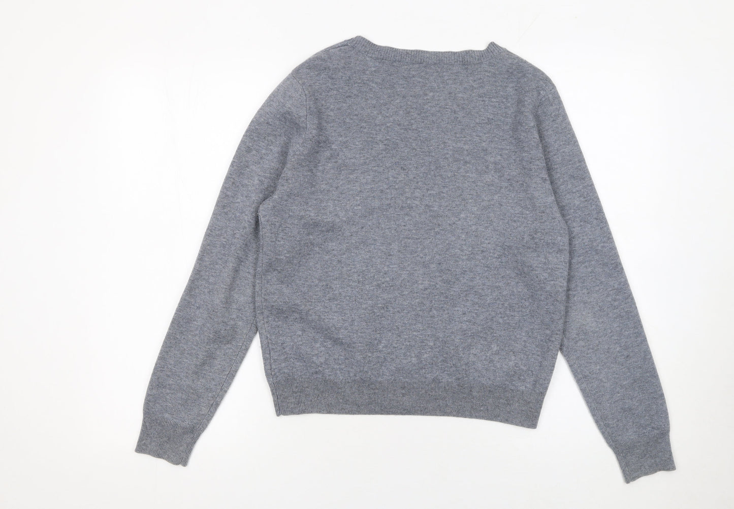 GMXY Girls Grey Cardigan Medium Knit V-Neck Graphic Buttoned Jumper