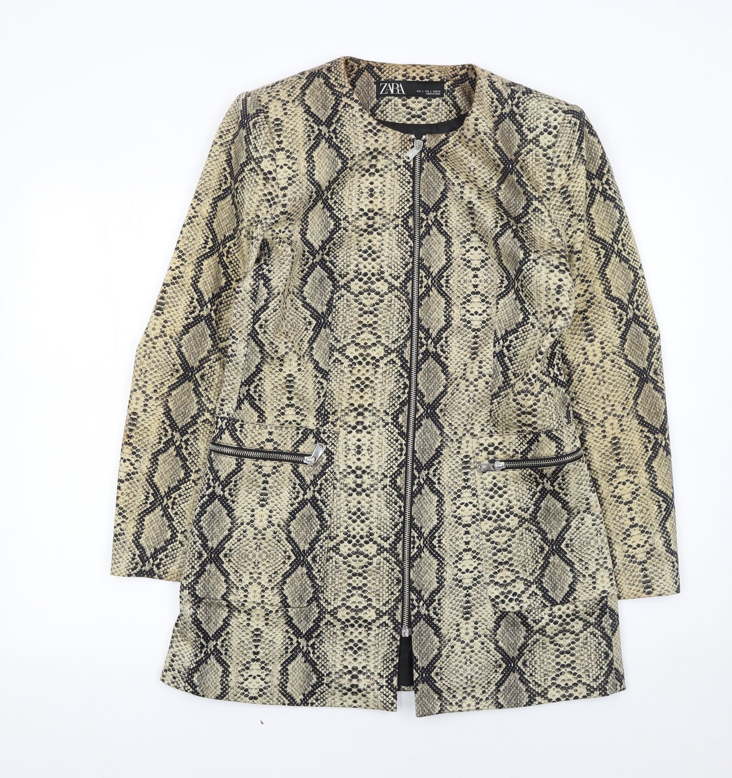 Zara Women's Beige Snake Print Zip Long Overcoat Size 16