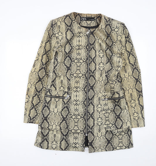 Zara Women's Beige Snake Print Zip Long Overcoat Size 16