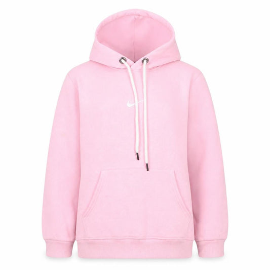 Front view of Nike girls’ pink pullover hoodie, size 152, fleece cotton blend hooded sweatshirt
