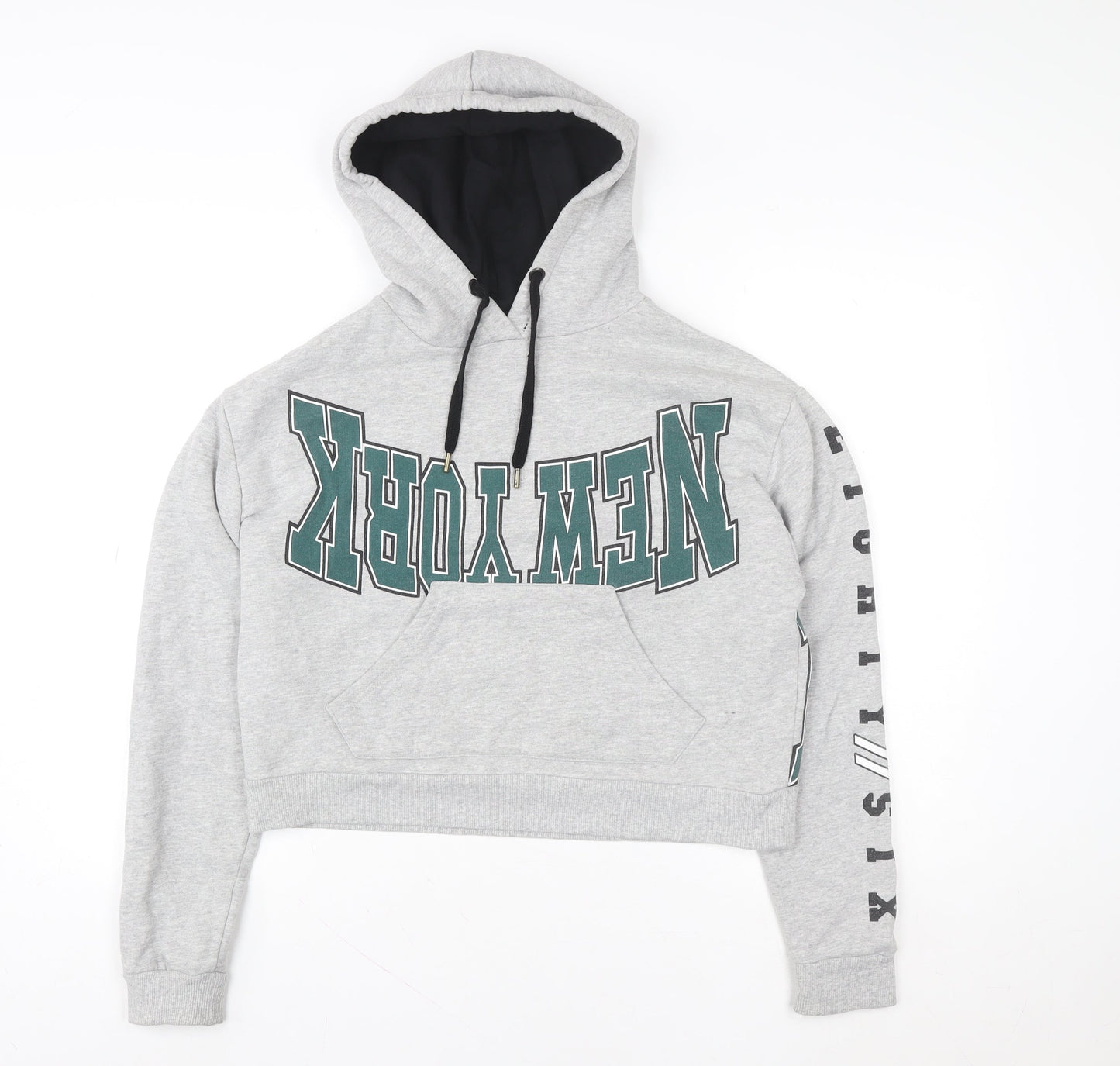 Topshop Women Grey New York Cropped Hoodie Size 8 Cotton Blend