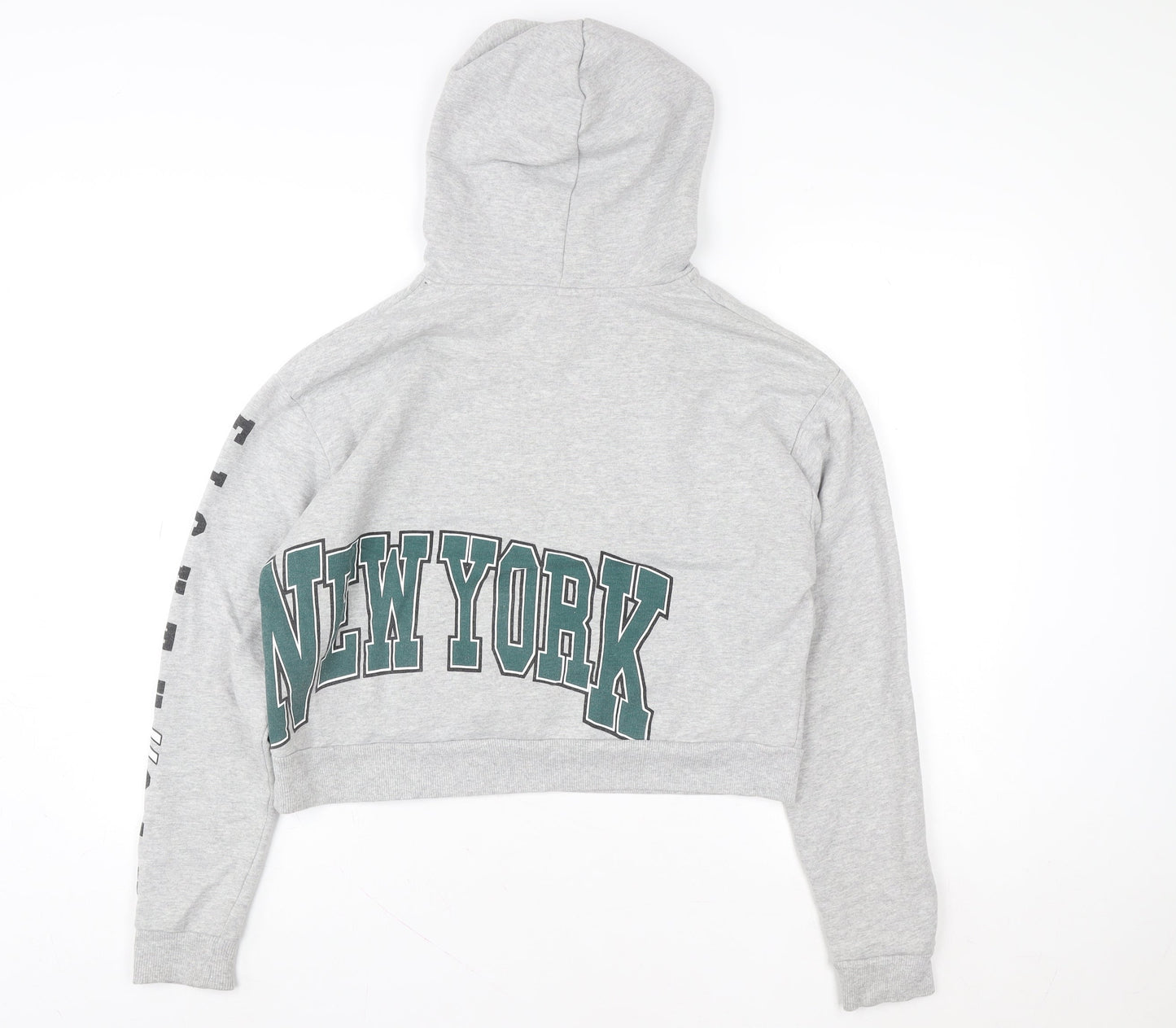 Topshop Women Grey New York Cropped Hoodie Size 8 Cotton Blend