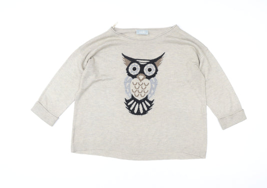 Wallis Womens Beige Owl Pullover Sweater Size S UK 10 Acrylic Wool Blend