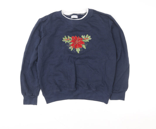 Damart Women's Navy Blue Embroidered Floral Crew Neck Sweatshirt Size L