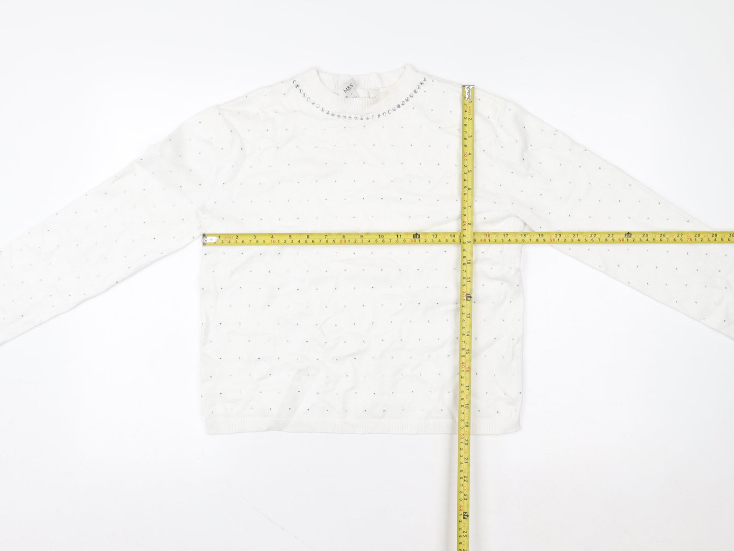 Marks and Spencer Womens White Sequin Crew Neck Pullover Sweatshirt Size S