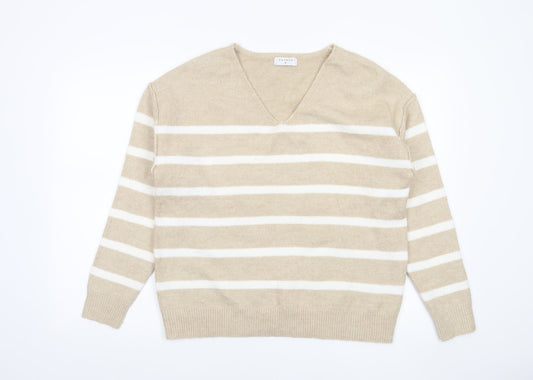 Papaya Women Beige Striped V-Neck Knit Jumper Size M