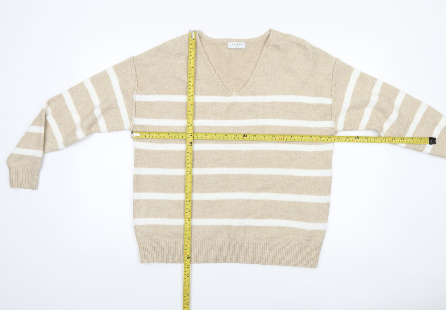 Papaya Women Beige Striped V-Neck Knit Jumper Size M
