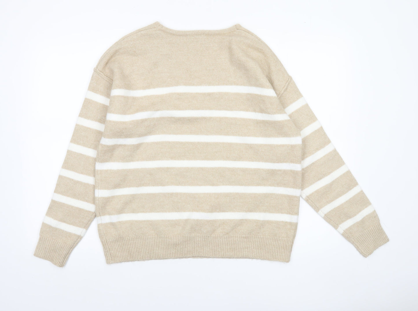 Papaya Women Beige Striped V-Neck Knit Jumper Size M
