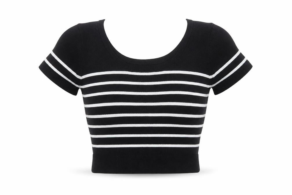 Pull&Bear Womens Black Striped Cropped Knit T-Shirt XS