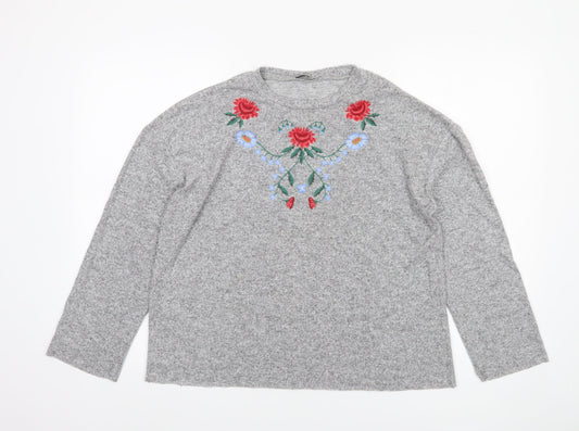 Zara Women Grey Floral Embroidered Wool Blend Jumper M