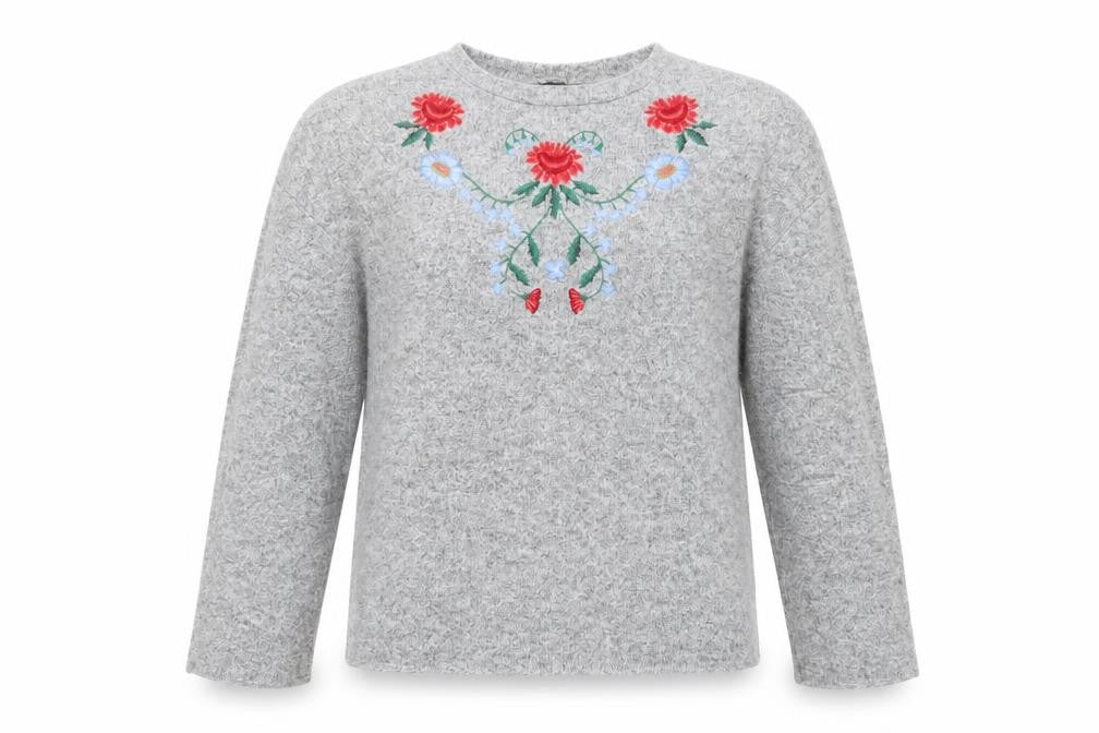 Zara Women Grey Floral Embroidered Wool Blend Jumper M