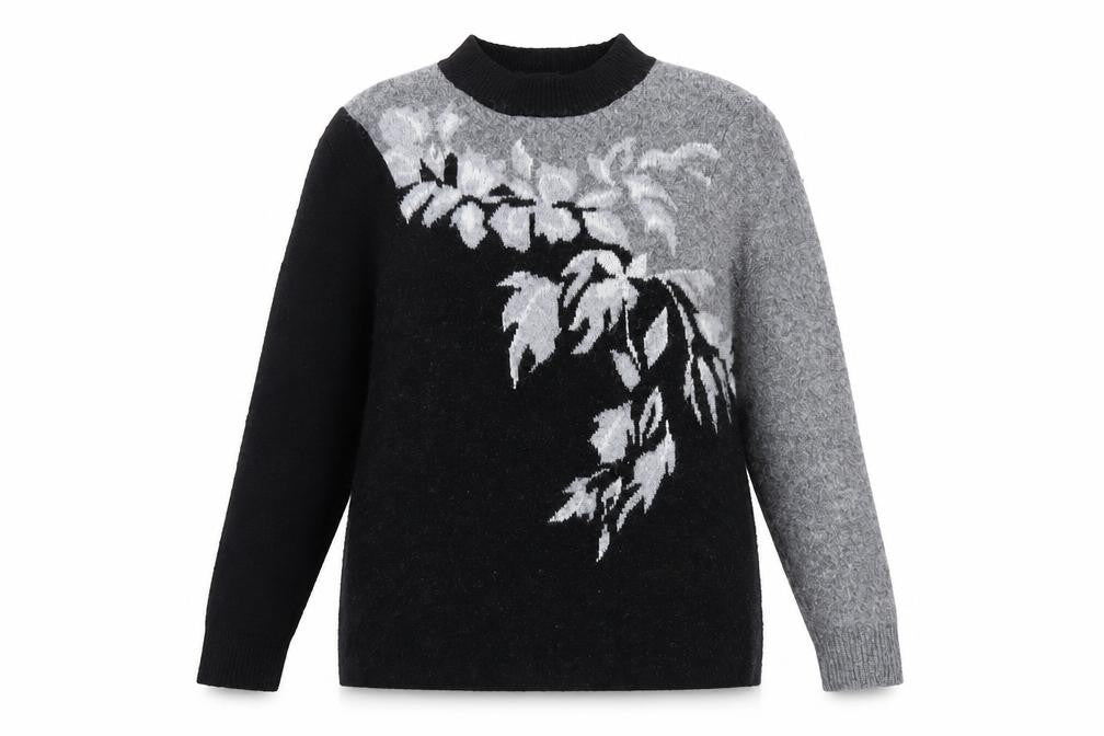 Klass Womens Black Grey Floral Wool Blend High Neck Jumper Size M