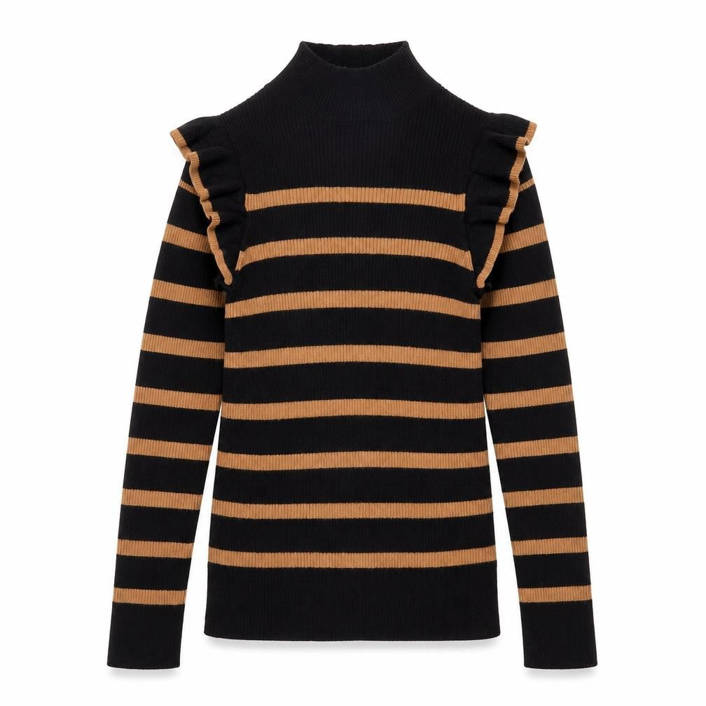 F&F Women’s Black & Tan Striped Mock Neck Ruffle Jumper Size 8