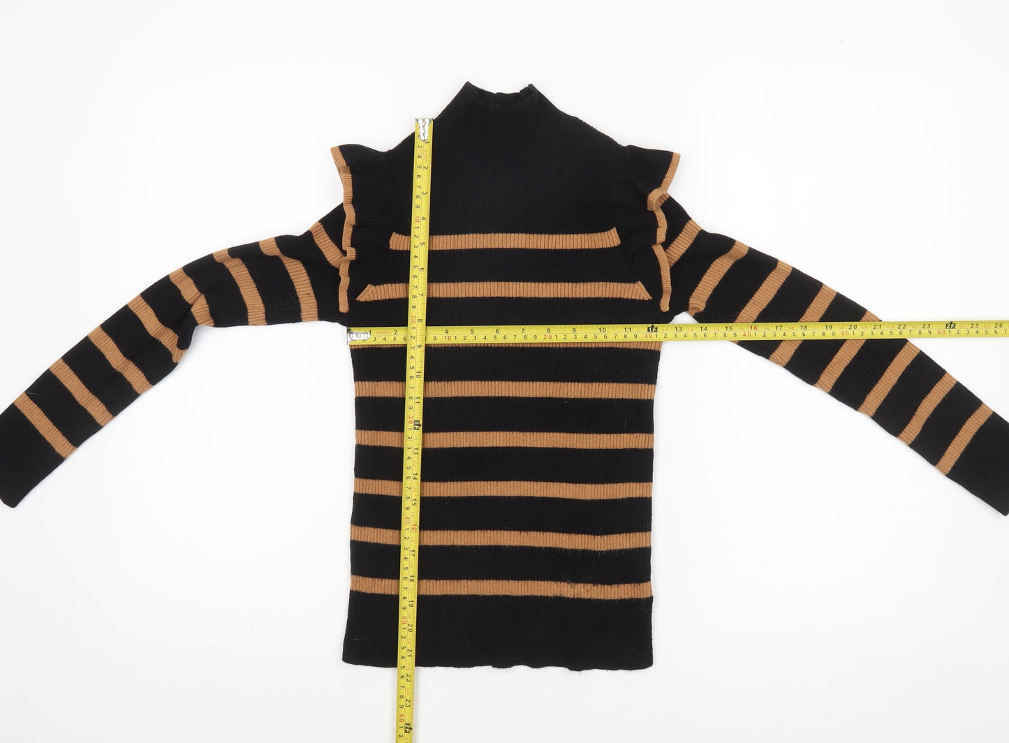 F&F Women’s Black & Tan Striped Mock Neck Ruffle Jumper Size 8