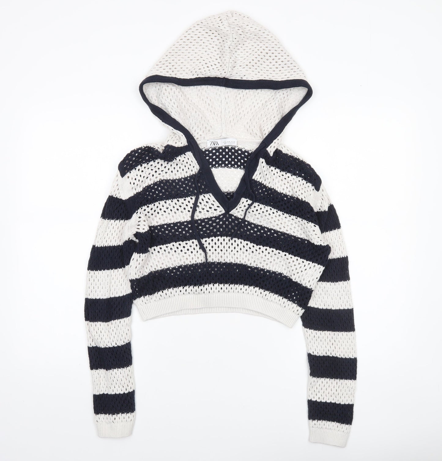 Zara Women’s Multicoloured Striped Open-Knit Hooded Pullover Jumper Size 12