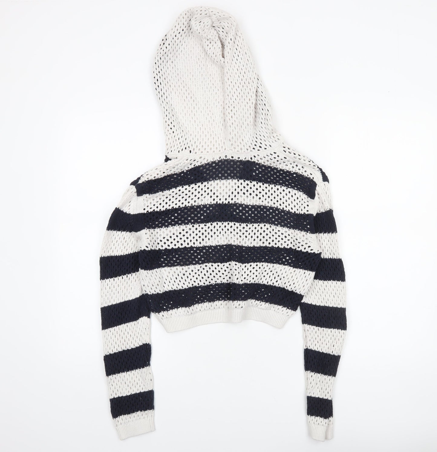 Zara Women’s Multicoloured Striped Open-Knit Hooded Pullover Jumper Size 12