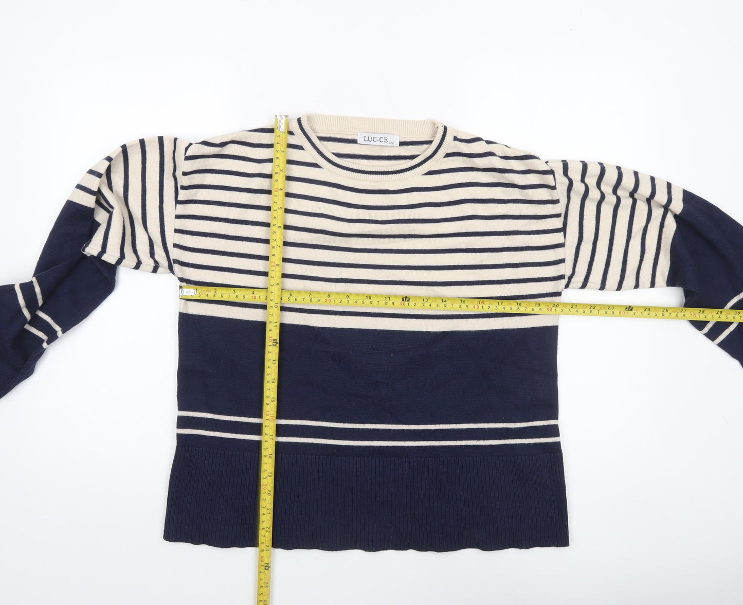 LUC-CE Women's Blue Striped Crew Neck Knit Jumper S