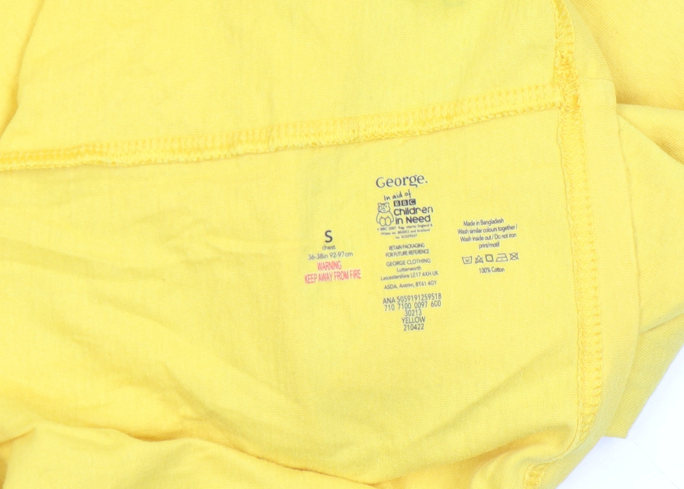 George Women Yellow BBC Children in Need T-Shirt Size S 100% Cotton