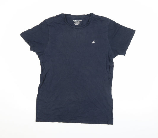 Jack & Jones Men's Blue Regular Fit Cotton Crew Neck T-Shirt Size M