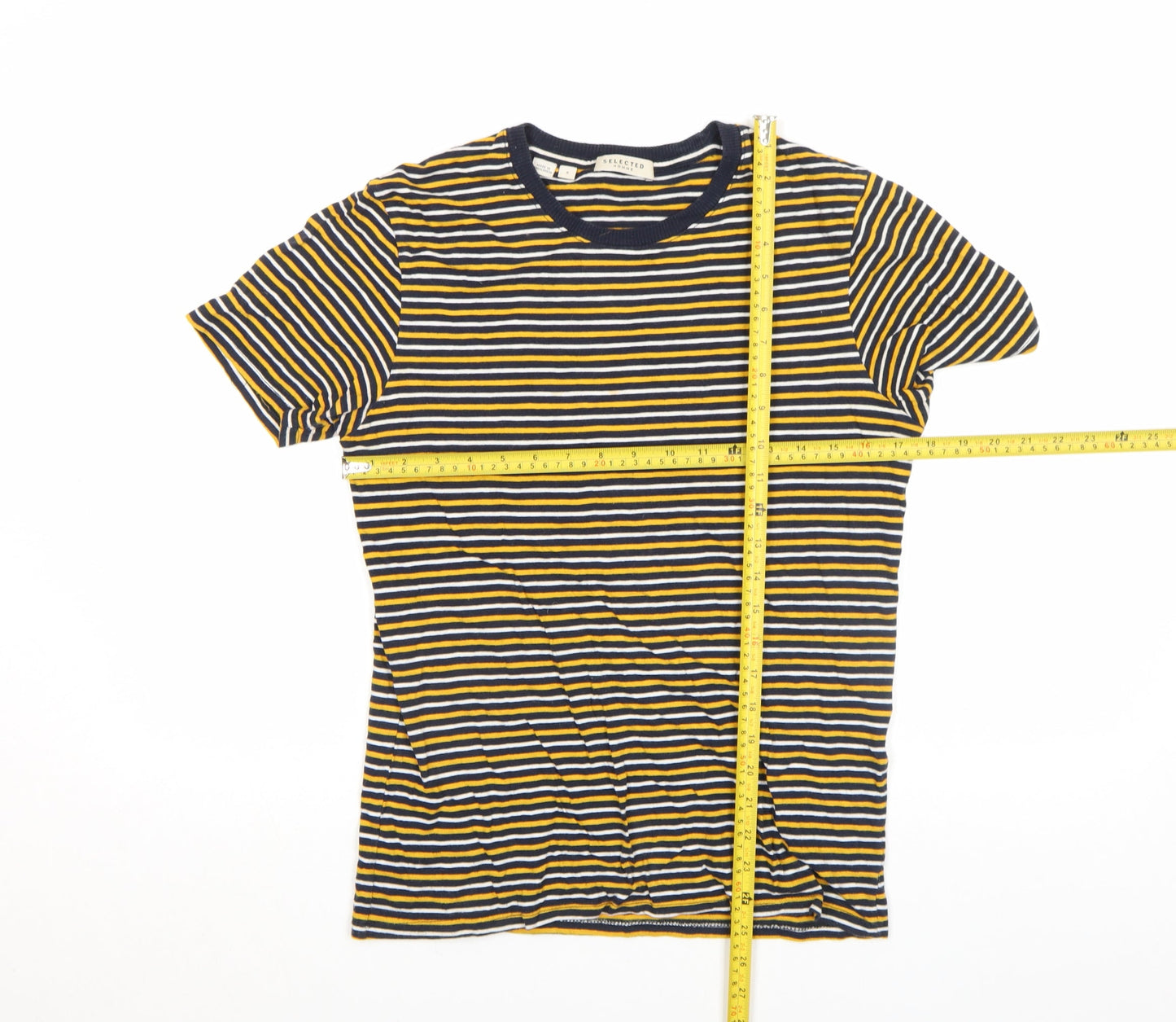 SELECTED HOMME Unisex Navy Yellow Striped Cotton Crew T-Shirt Size S