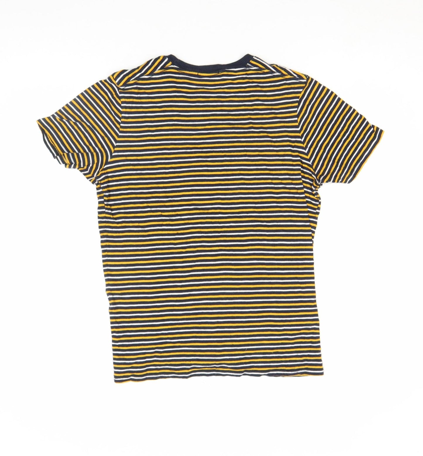 SELECTED HOMME Unisex Navy Yellow Striped Cotton Crew T-Shirt Size S