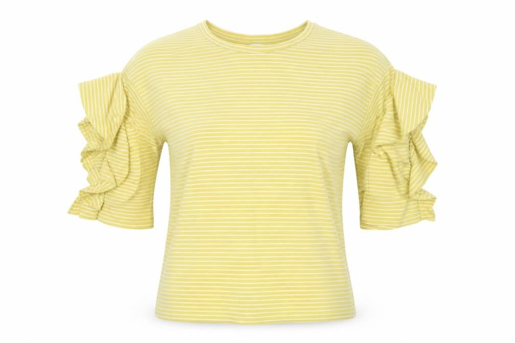 Next Women Yellow Striped Ruffle Sleeve Cotton T-Shirt Size 10