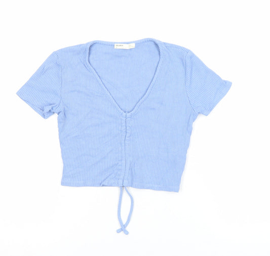 Pull & Bear Women's Blue Cropped V-Neck Ribbed T-Shirt Size L