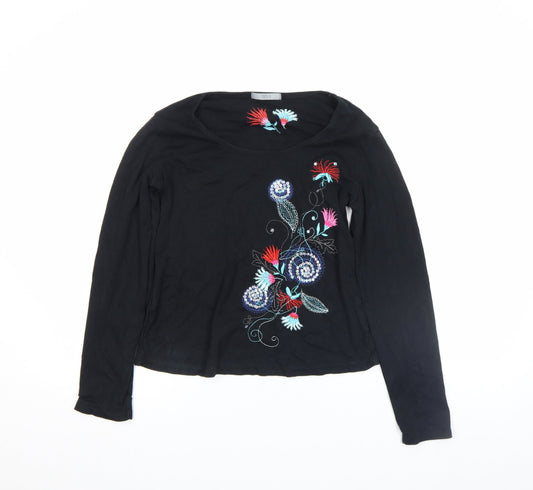 Marks and Spencer Women's Black Embroidered Cotton Long Sleeve T-Shirt Size S