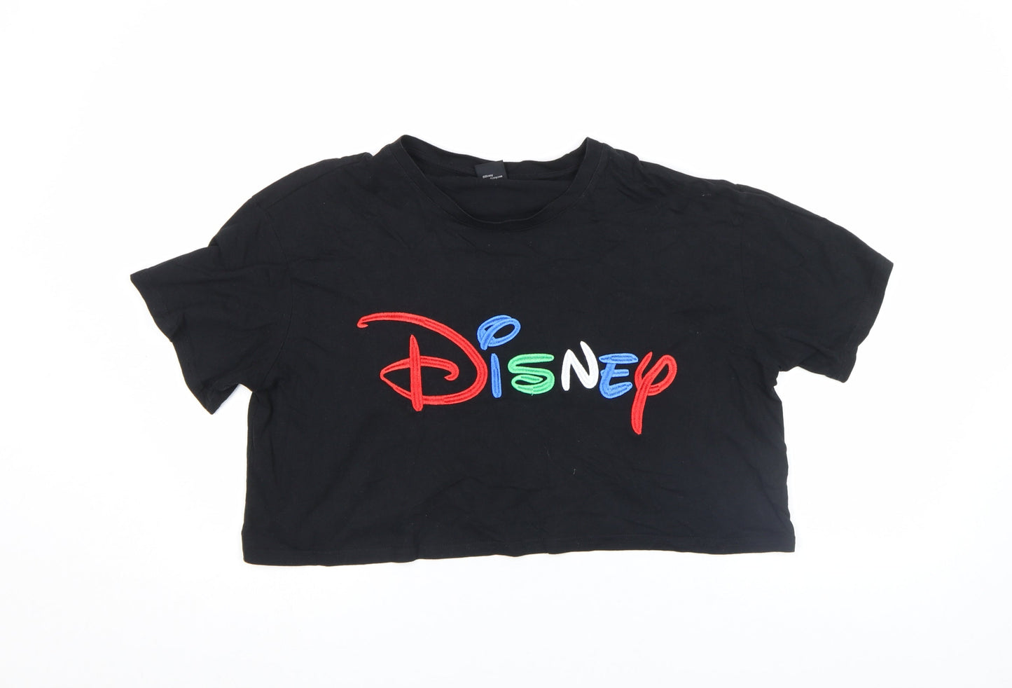 Disney Women's Black Cropped T-Shirt Medium Embroidered Logo