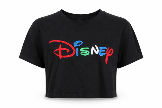 Disney Women's Black Cropped T-Shirt Medium Embroidered Logo