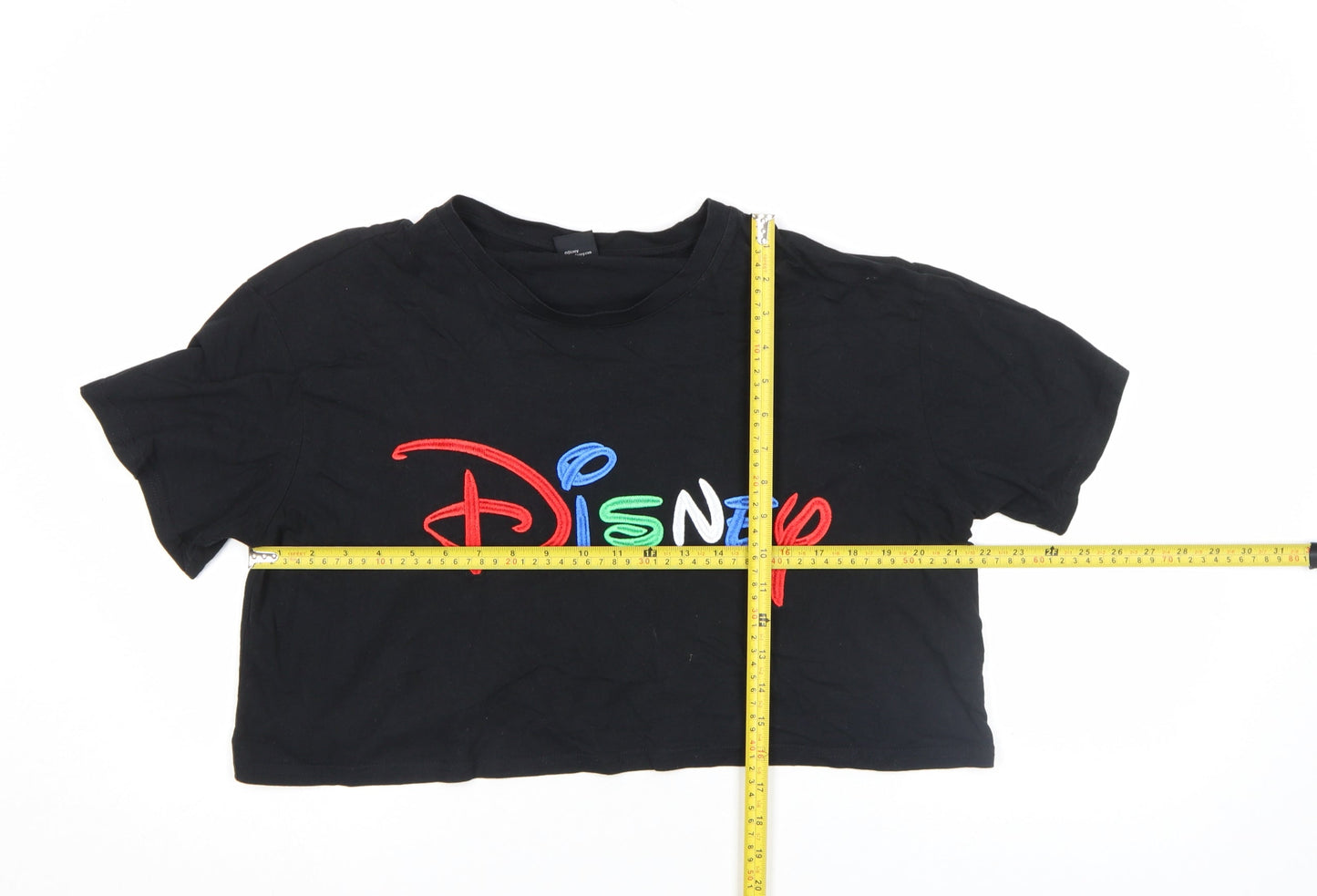 Disney Women's Black Cropped T-Shirt Medium Embroidered Logo