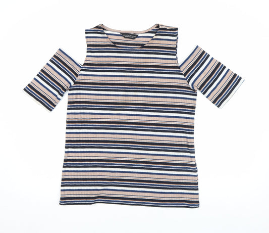 Dorothy Perkins Women Multicoloured Striped Cold Shoulder T-Shirt Size 16