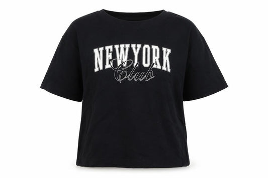 Front view of C&A girls’ black new york club cotton short sleeve t-shirt 10 years