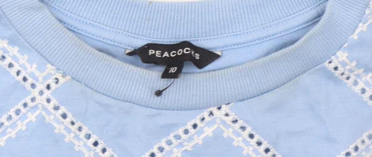 Peacocks Women Blue Embroidered Geometric Short Sleeve T-Shirt UK 10