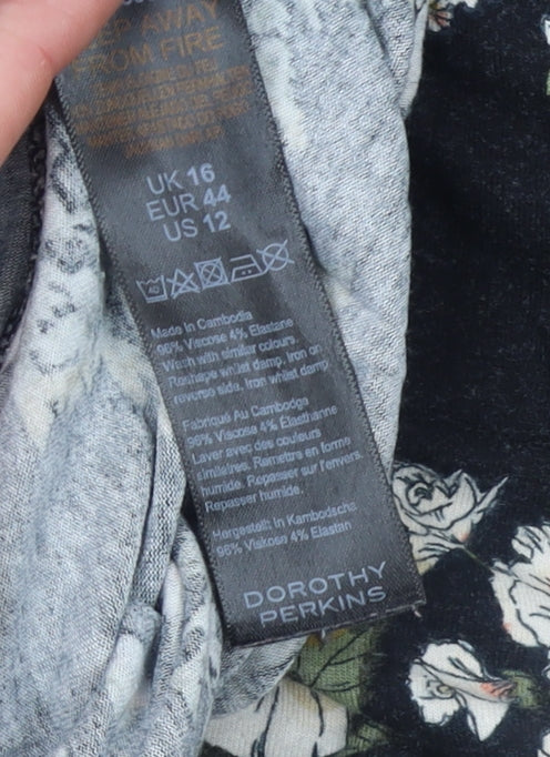 Dorothy Perkins Women’s Black Floral Roll Neck Long Sleeve Top Size 16