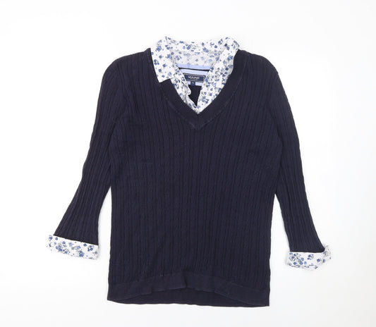 Maine New England Women's Blue Cotton V-Neck Cable-Knit Jumper Size 14