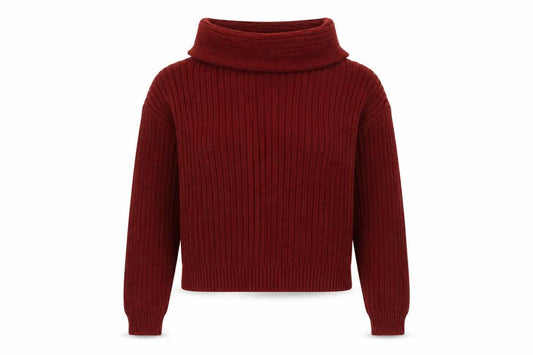 Front view of ASOS Women’s Red Cowl Neck Ribbed Knit Jumper, size S, UK 8-10