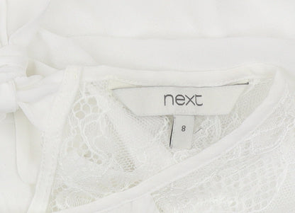 Next Women White Lace Bow Long Sleeve Tunic Blouse Size 8
