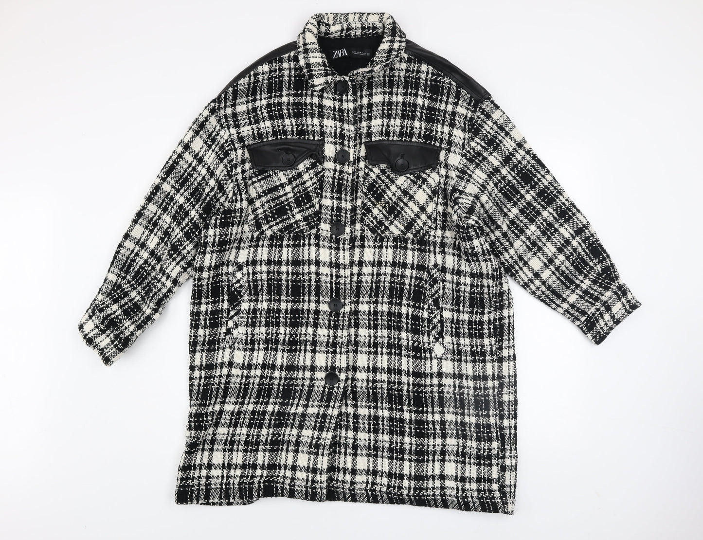 Zara Women Black Check Tweed Long Overcoat Size M