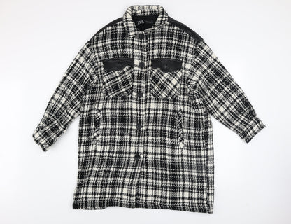 Zara Women Black Check Tweed Long Overcoat Size M