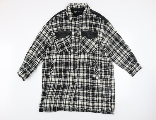 Zara Women Black Check Tweed Long Overcoat Size M