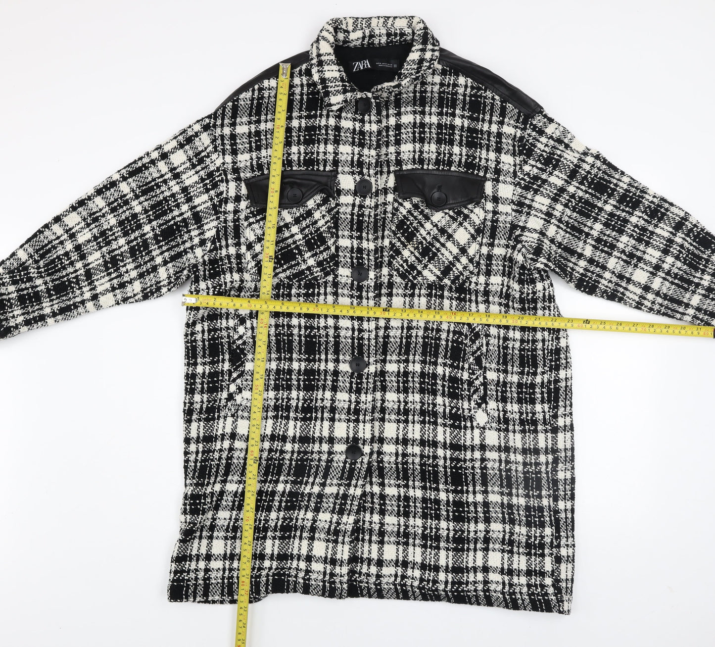 Zara Women Black Check Tweed Long Overcoat Size M