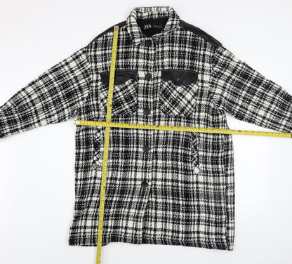 Zara Women Black Check Tweed Long Overcoat Size M