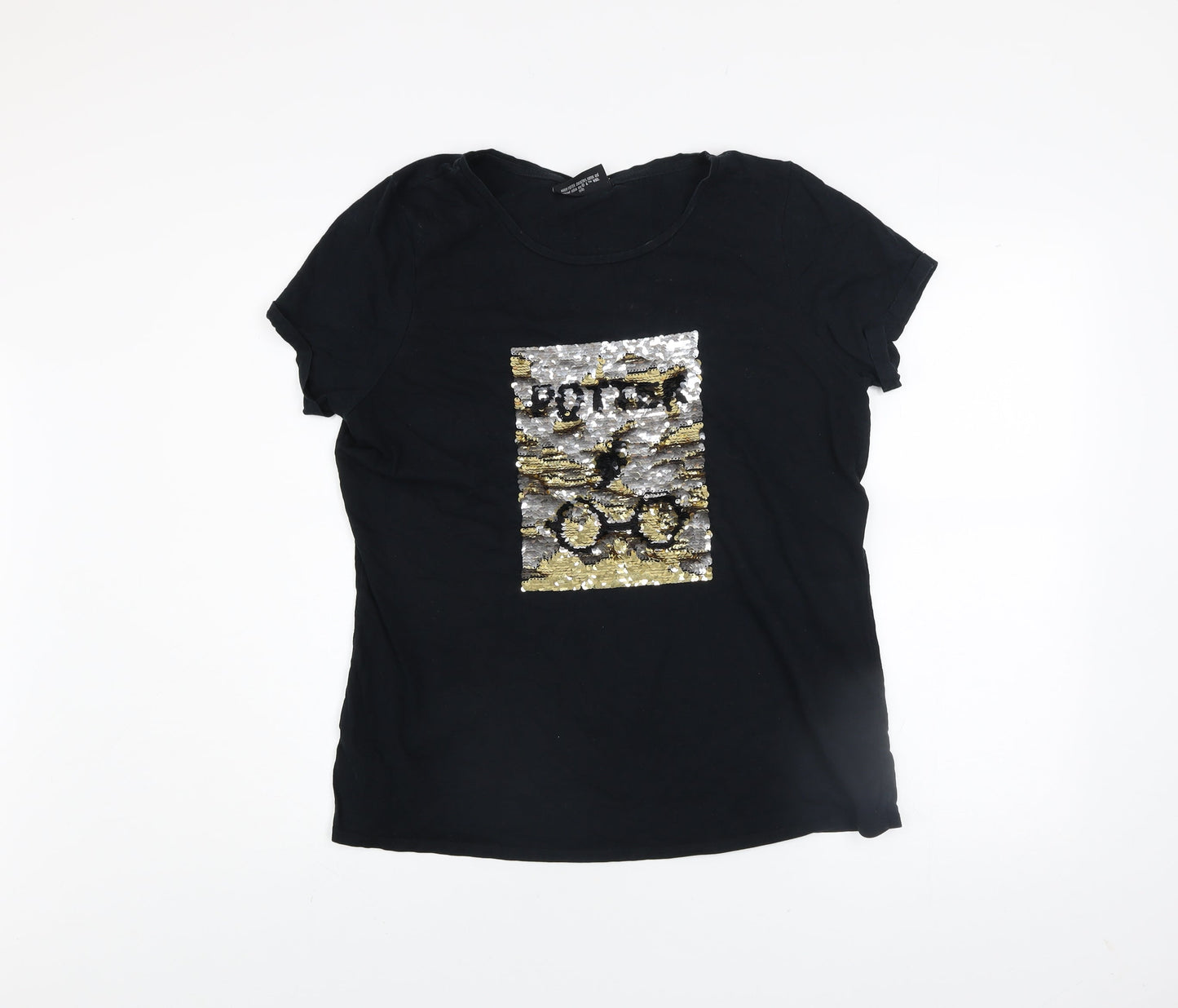 Harry Potter Women's Black Sequin T-Shirt UK 16 Short Sleeve Cotton